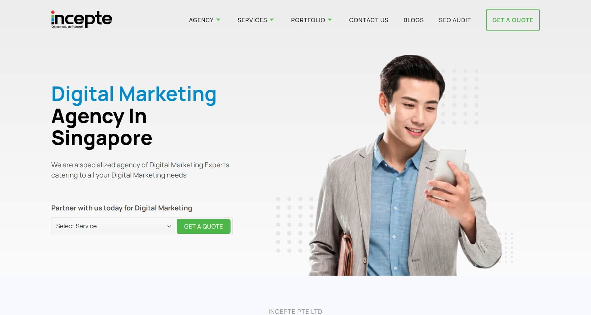 Incepte homepage banner featuring a smiling young professional looking at his smartphone, holding a folder. The main headline states: