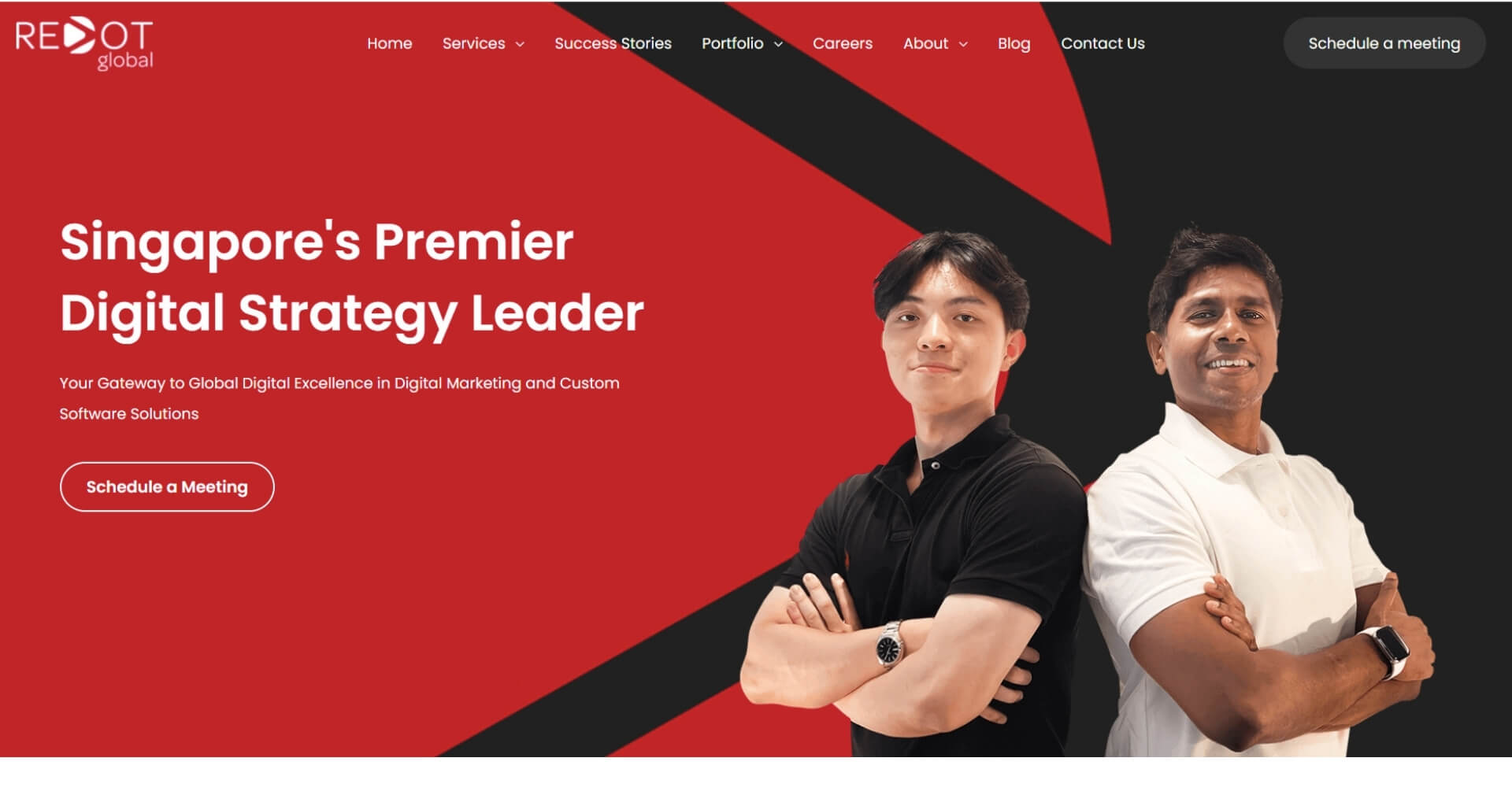Redot Global homepage banner featuring two smiling men, one in a black polo shirt and one in a white polo shirt, standing in front of a red and black geometric background. The main headline reads:
