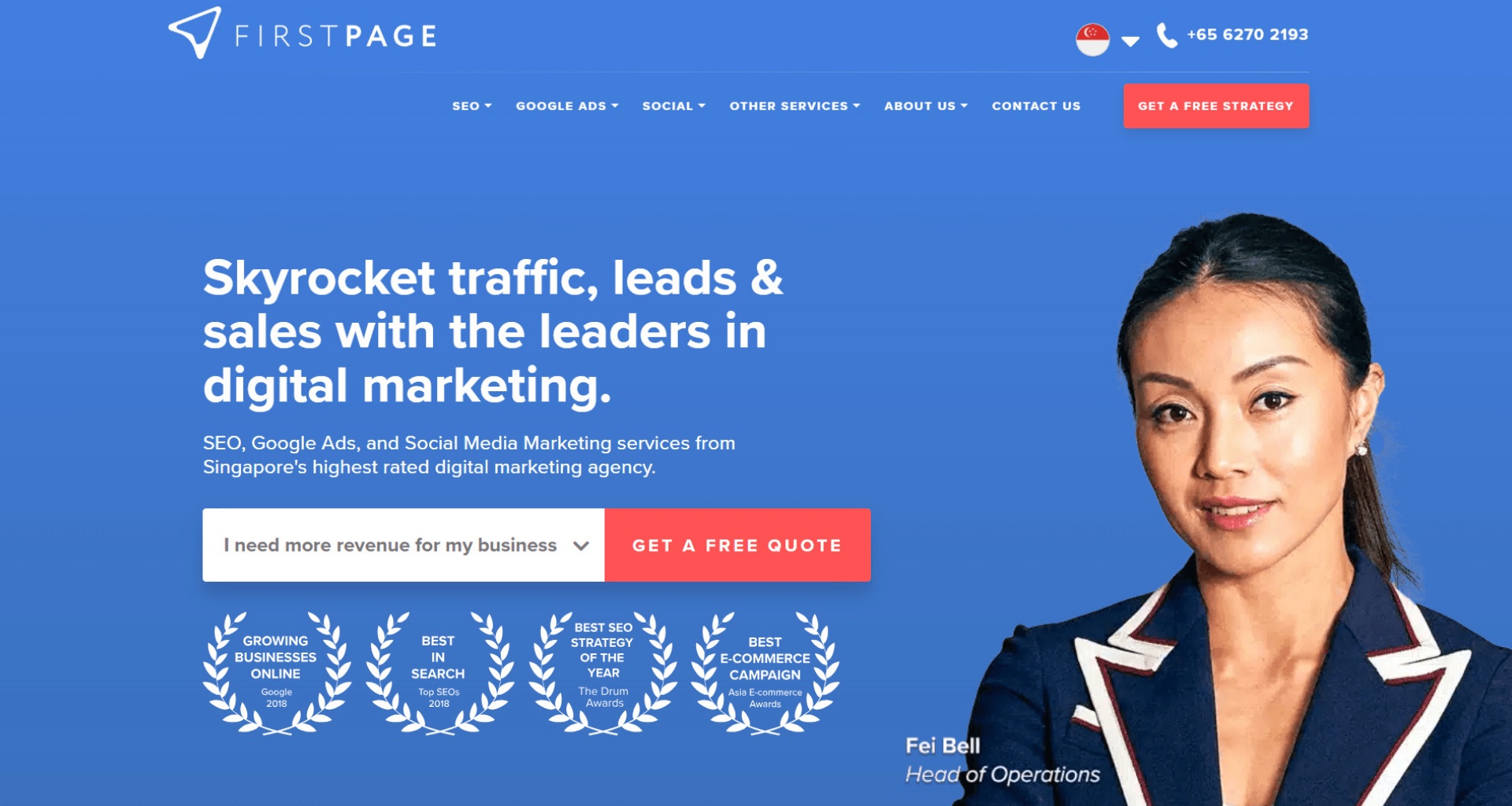 Homepage screenshot for First Page Digital Singapore. The image features Fei Bell, Head of Operations, next to the headline