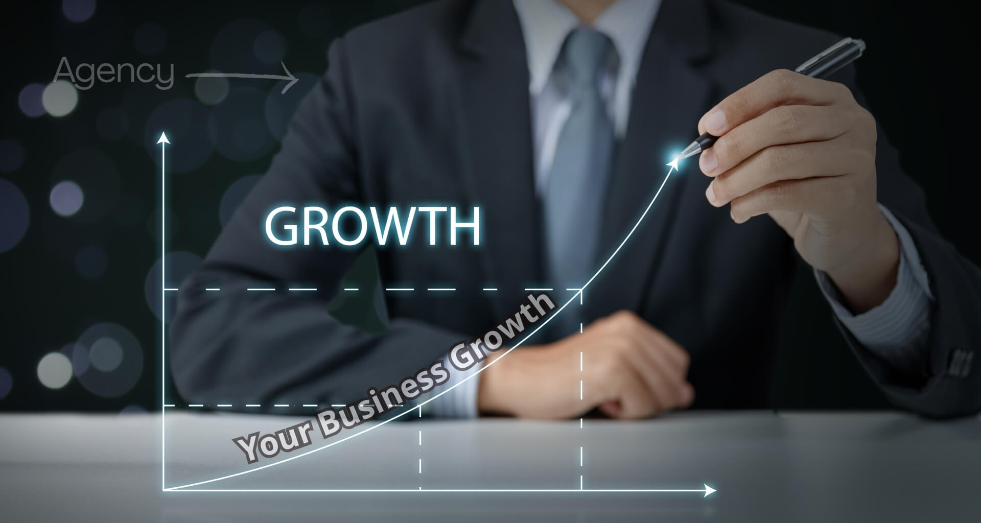 A professional in a suit draws an upward-curving line on a digital graph labeled