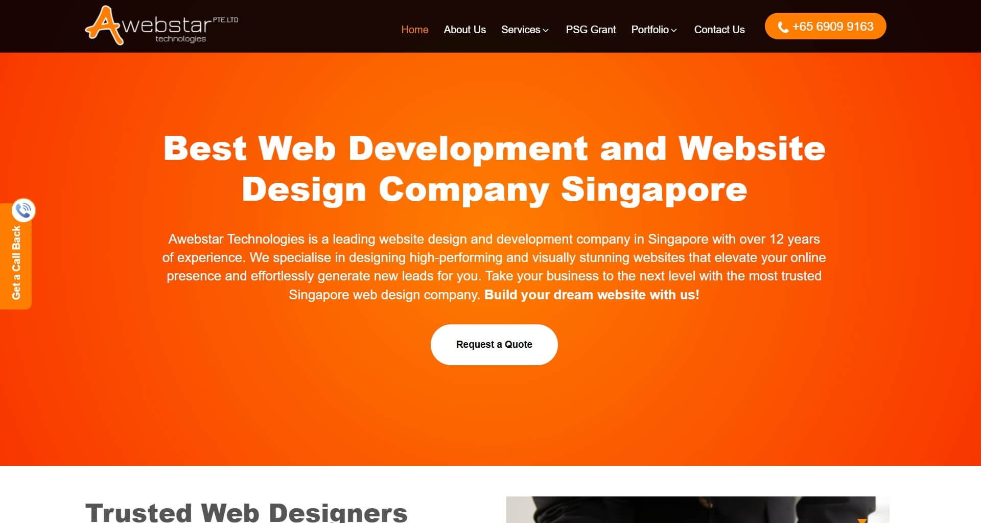 AwebStar Technologies homepage banner with an orange background. The main headline in large white text reads: